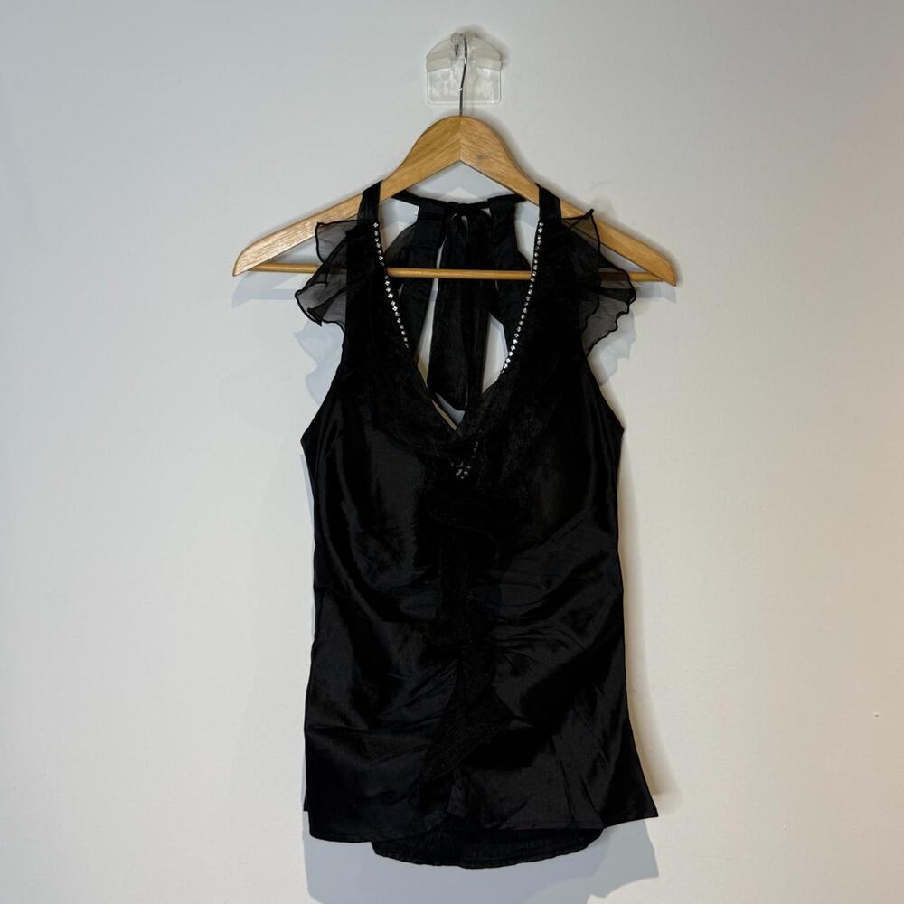 Black Ruffled Top with Rhinestones S - Picture 3 of 5
